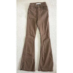 Subdued Soft Flare Jeans Womens High Rise Smile Brown Raw Hems Stretch